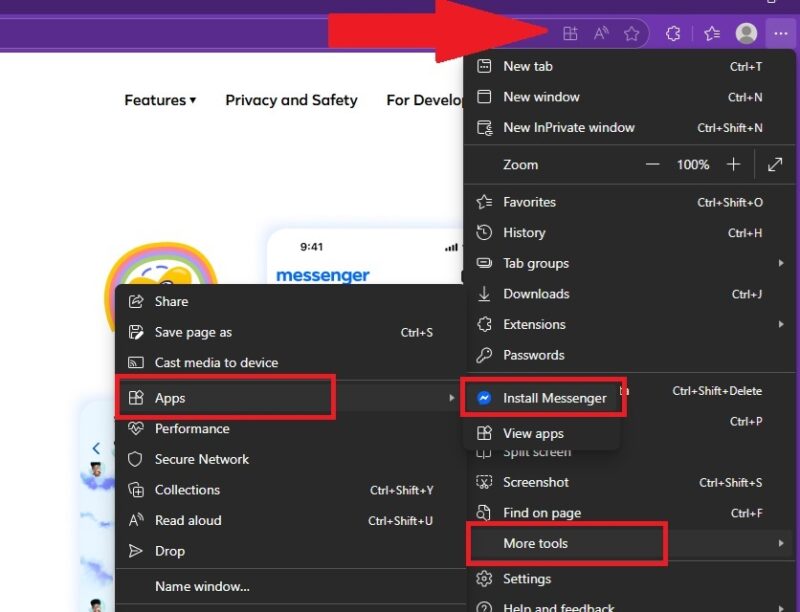 Установка PWA Messenger в Edge.
