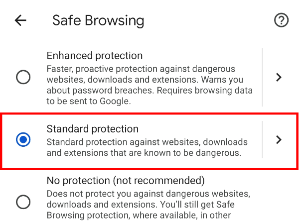 Выберите «Стандартная защита» или «Нет защиты» в зависимости от предпочтений безопасности и приватности.
