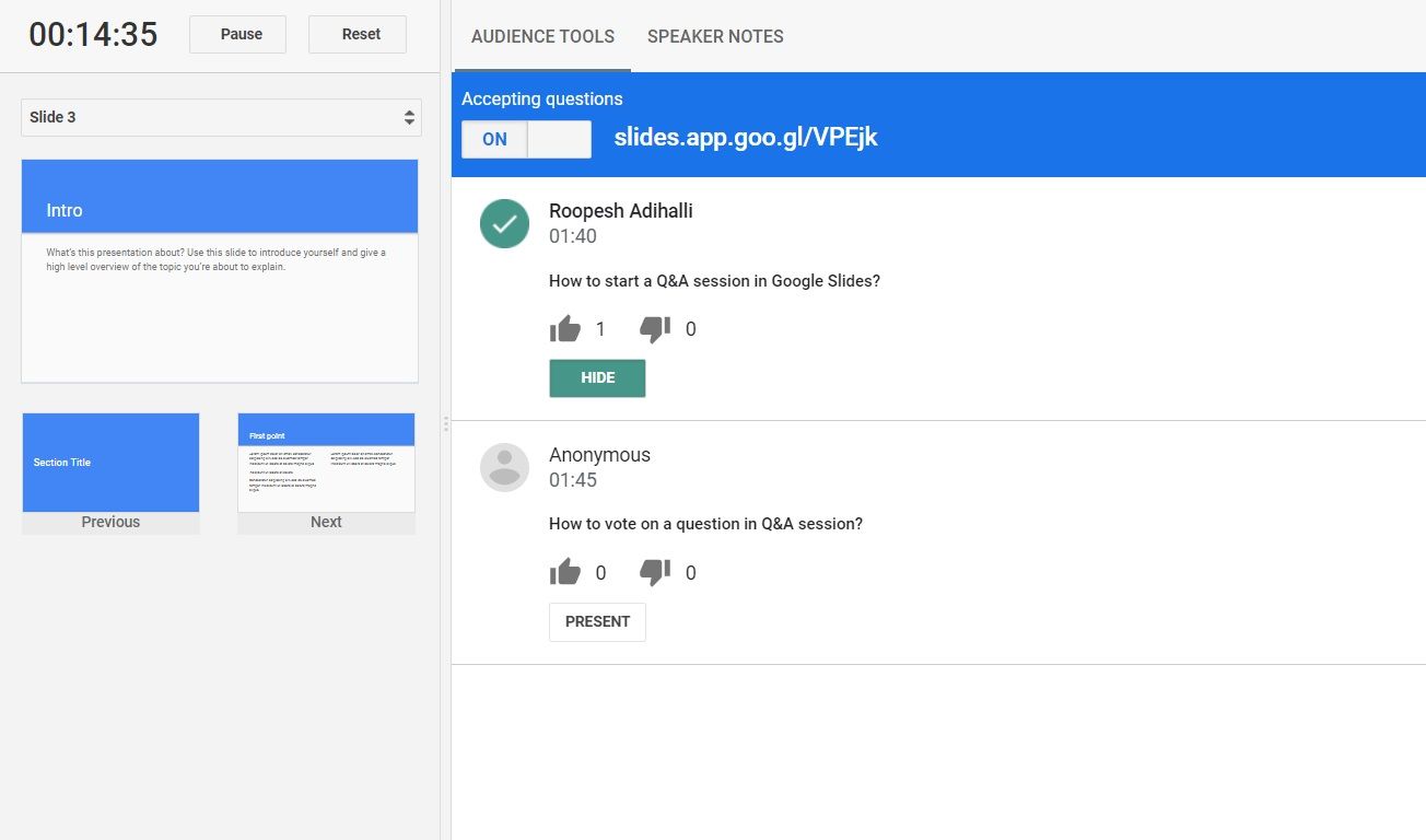 Google Slides Q&A Session Audience Tools Question Hide Option