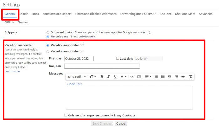 Vacation Responder Gmail Settings General