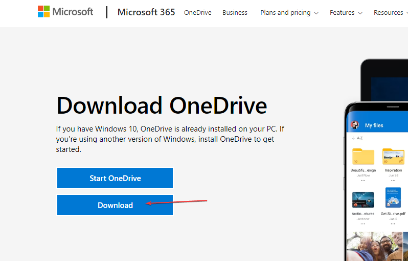 Страница загрузки OneDrive на сайте Microsoft