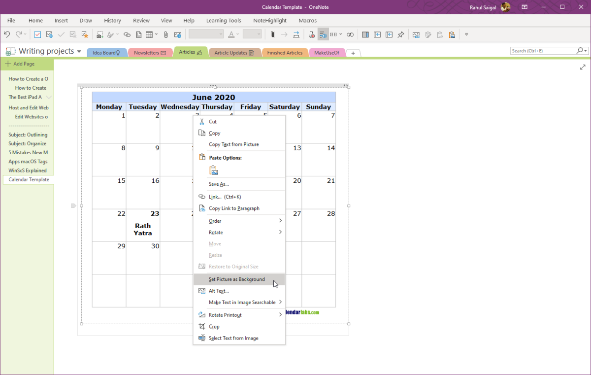 Установка изображения календаря как фона в OneNote