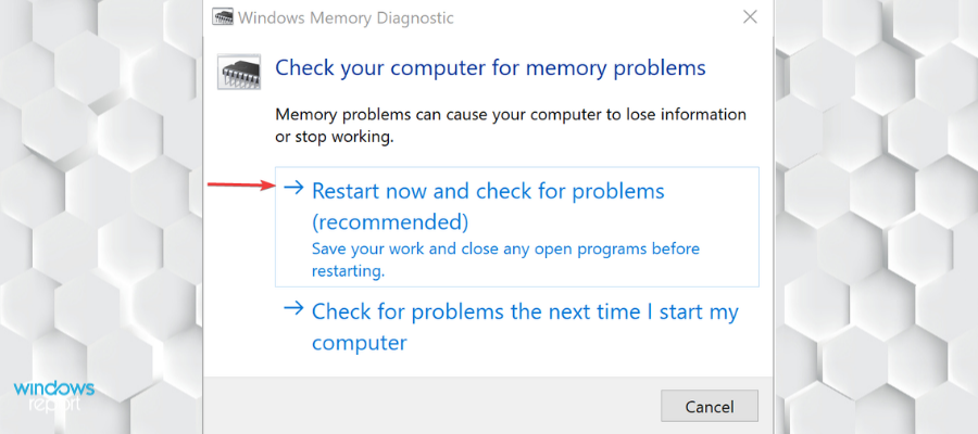 Опция перезагрузки для проверки памяти Windows