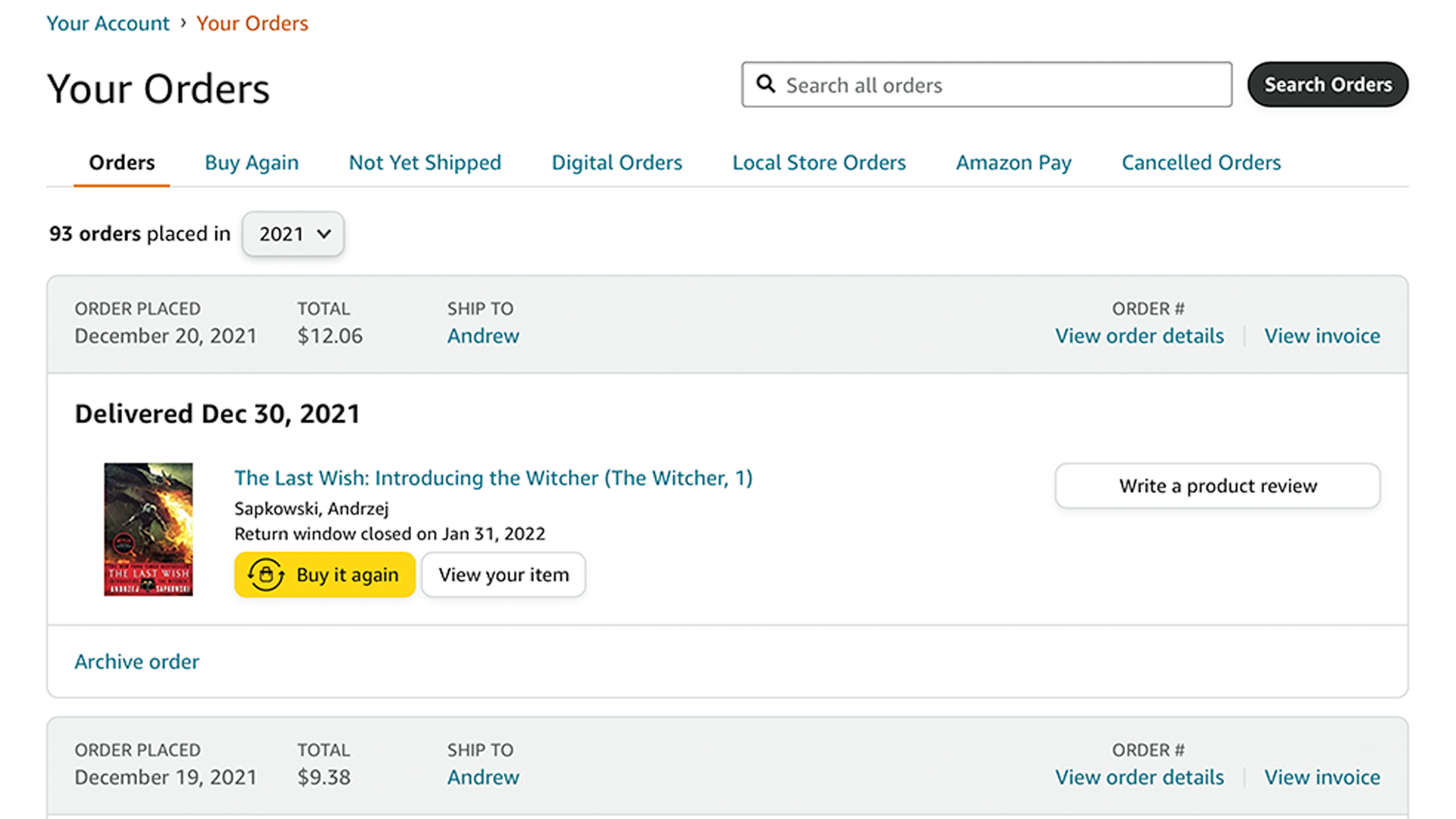Страница заказов, показывающая 93 заказа автора в 2021 году.
