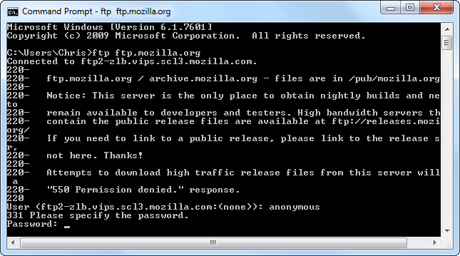 Подключение к ftp.mozilla.org через командную строку