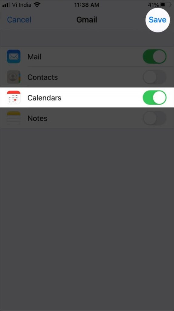 Экран iPhone: переключатель для Календарей при добавлении аккаунта