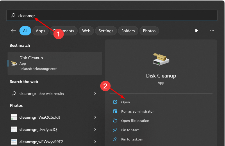 Поиск cleanmgr в меню Пуск