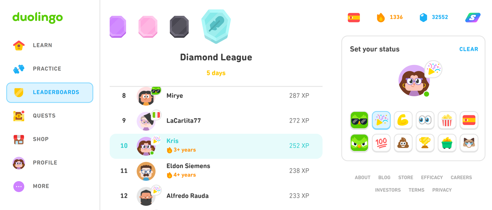 Скриншот лидербордов в Duolingo.