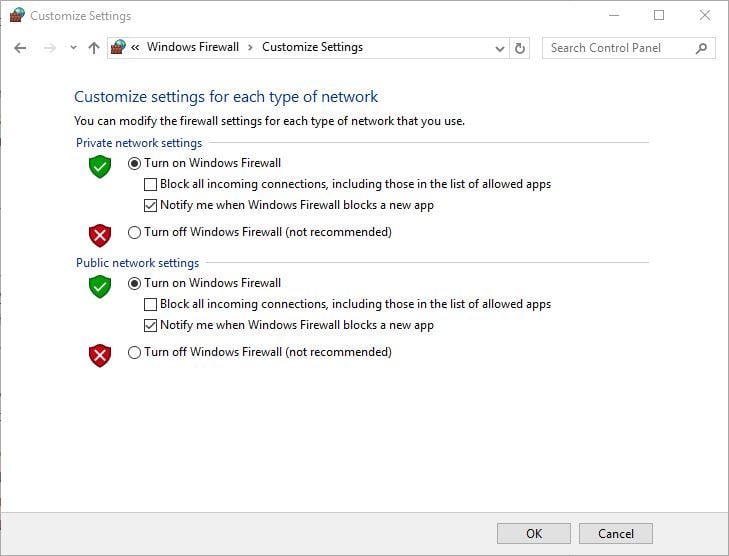 Включение брандмауэра для обеих сетей
