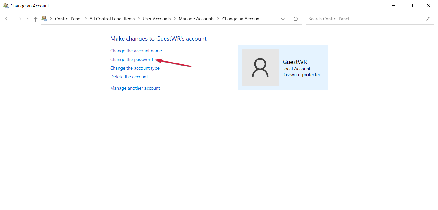 Параметры изменения пароля в Панели управления