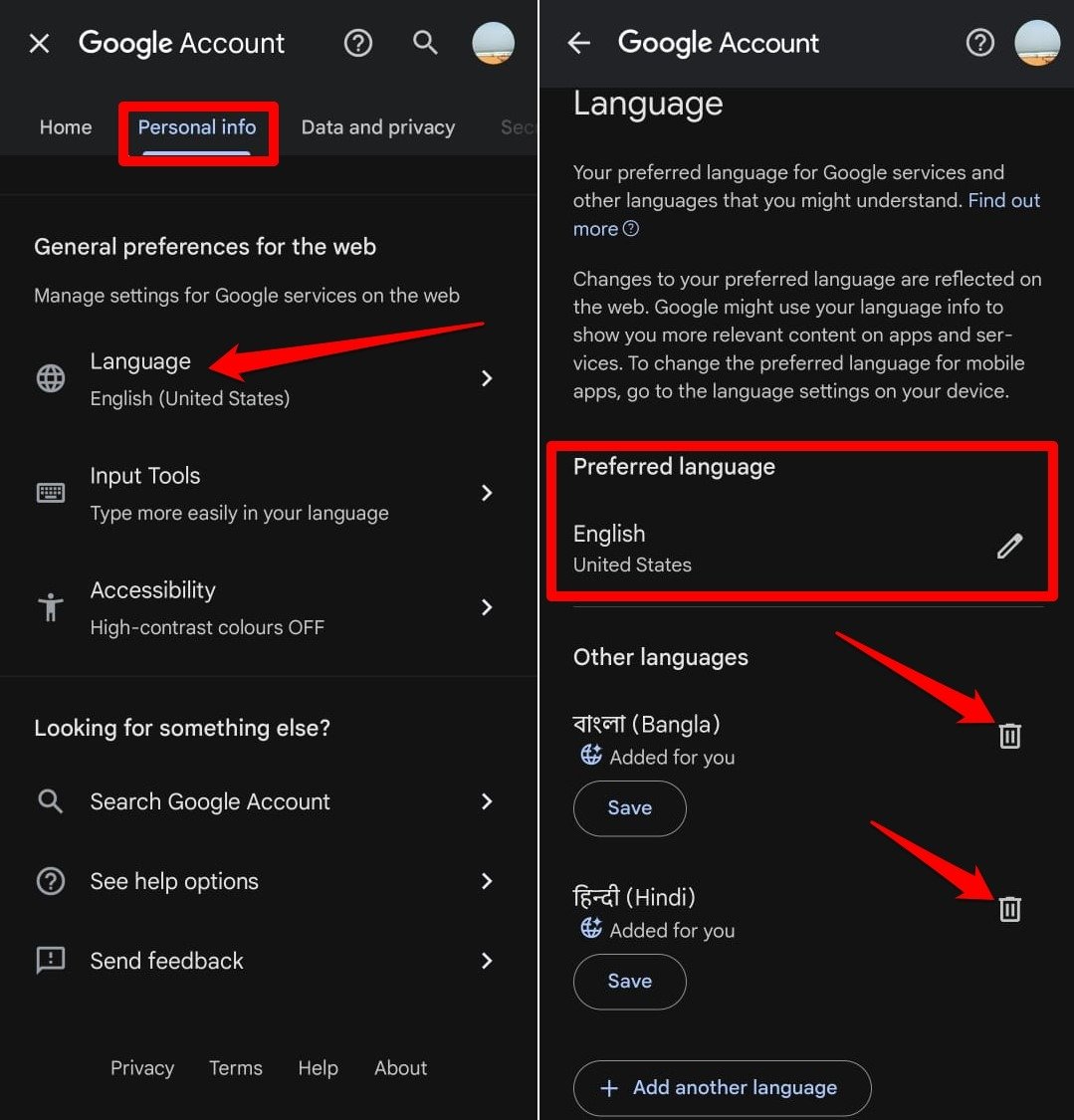 Удаление других языков в настройках аккаунта Google