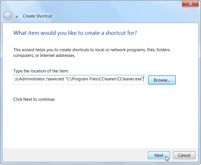 Ввод команды runas в мастере создания ярлыка