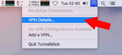 Окно деталей VPN в Tunnelblick с панелью конфигураций