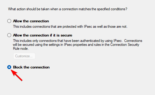 Выбор действия — блокировать соединение
