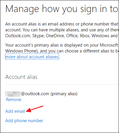 Форма добавления алиаса: выбор между созданием нового outlook.com или добавлением существующего адреса