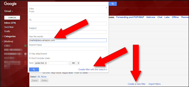 Окно создания фильтра в Gmail — поле 'Has the words'