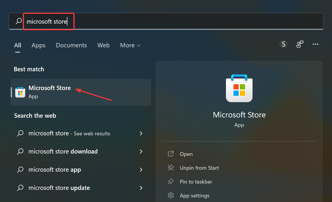 Открытие Microsoft Store