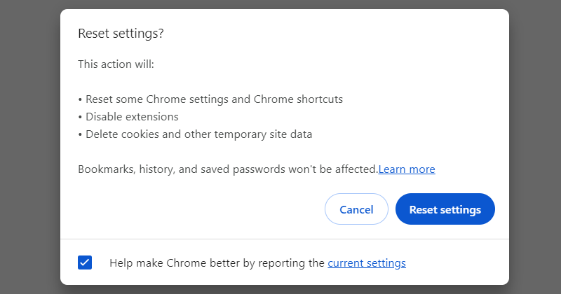 Подтверждение сброса настроек Chrome.