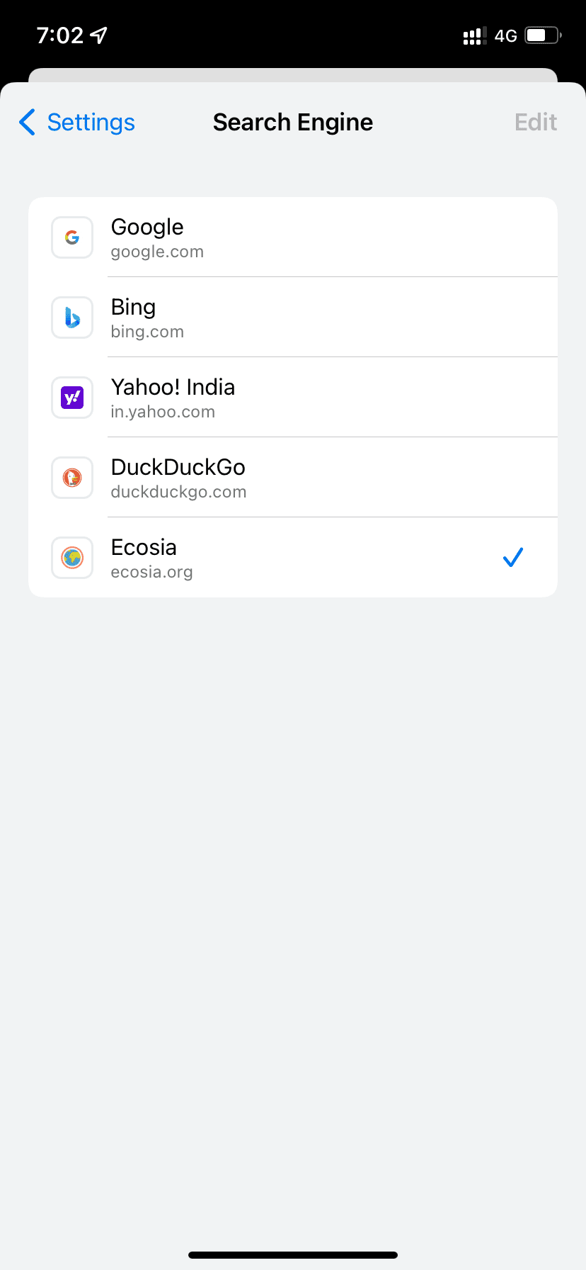 Выбор поисковой системы в Chrome на iPhone