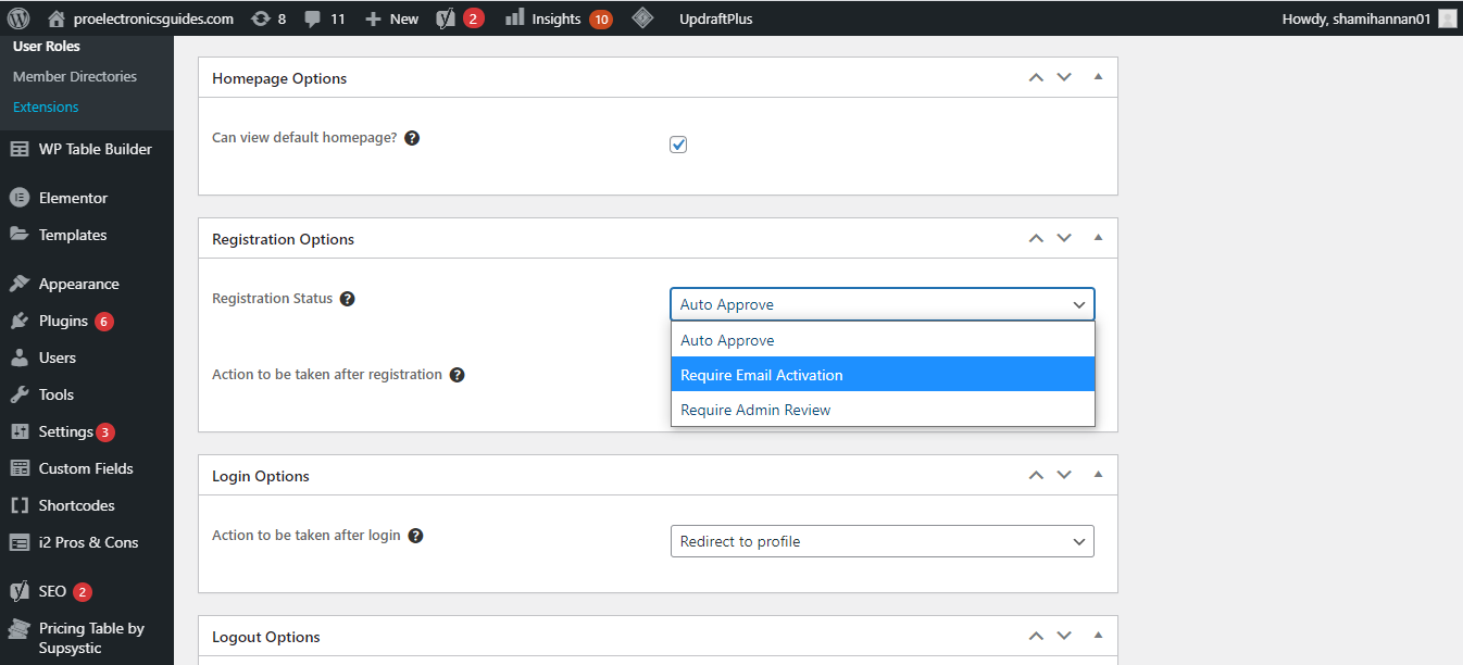 Параметры регистрации с опцией подтверждения по e-mail