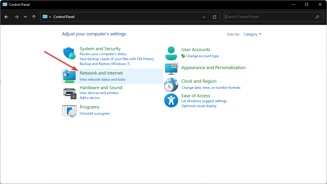 Раздел сети и интернета в Панели управления Windows