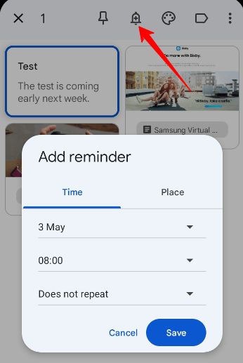Интерфейс напоминания в Google Keep