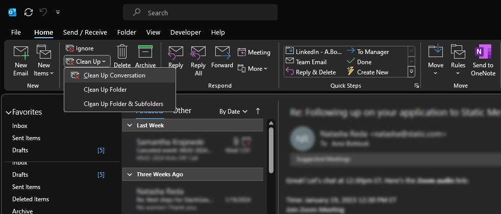 Использование инструмента очистки переписок в Outlook для ПК