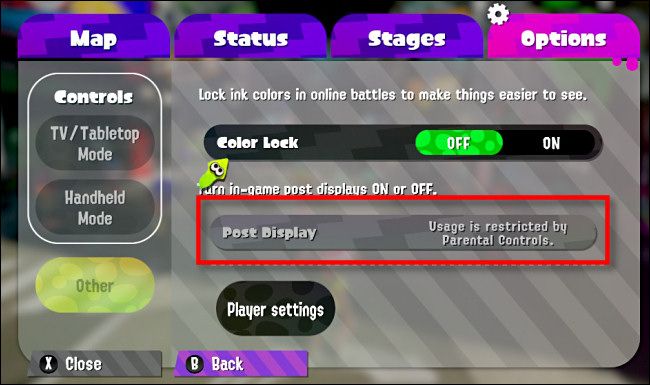 Сообщение в меню Splatoon 2: использование ограничено родительским контролем
