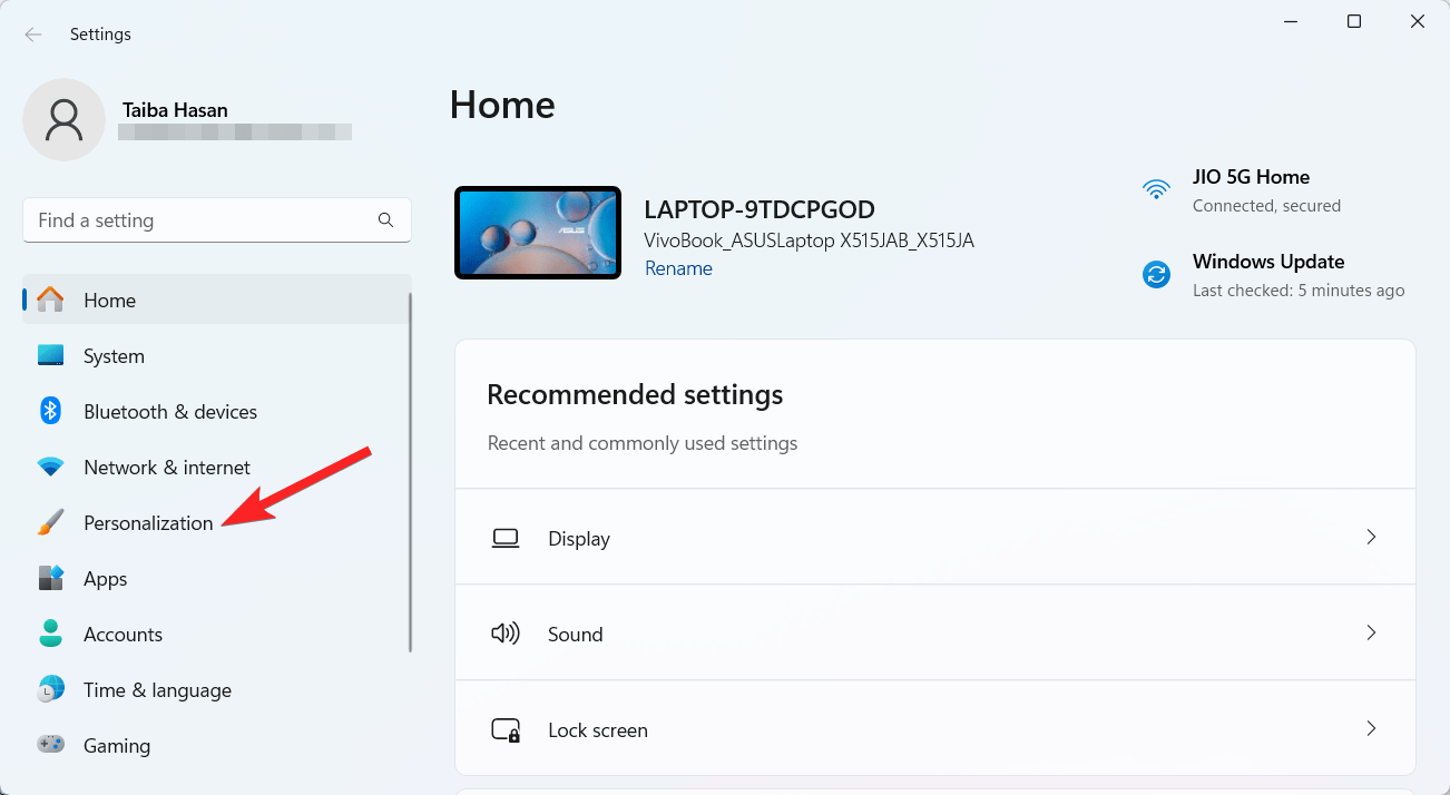 Выберите Персонализация в левой панели