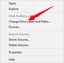 Выберите пункт «Изменить букву диска или путь к диску».