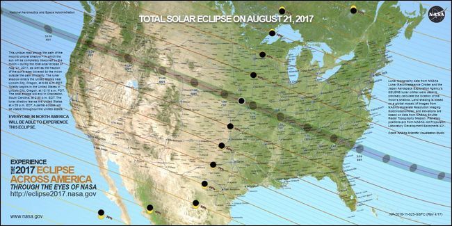 Карта с указанием данных затмения и путём полной фазы. Изображение показывает интерактивную карту NASA.