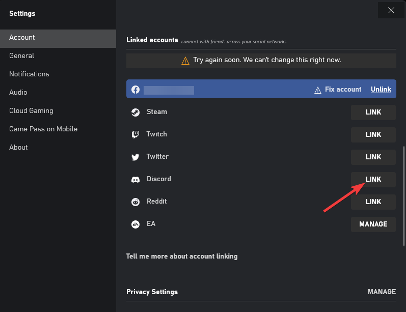 Кнопка связывания аккаунта Xbox в Discord