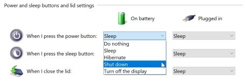 Примеры опций для нажатия кнопки питания: спящий режим, завершение работы и т.д.