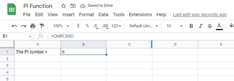 Скриншот: использование символа π в Google Таблицах