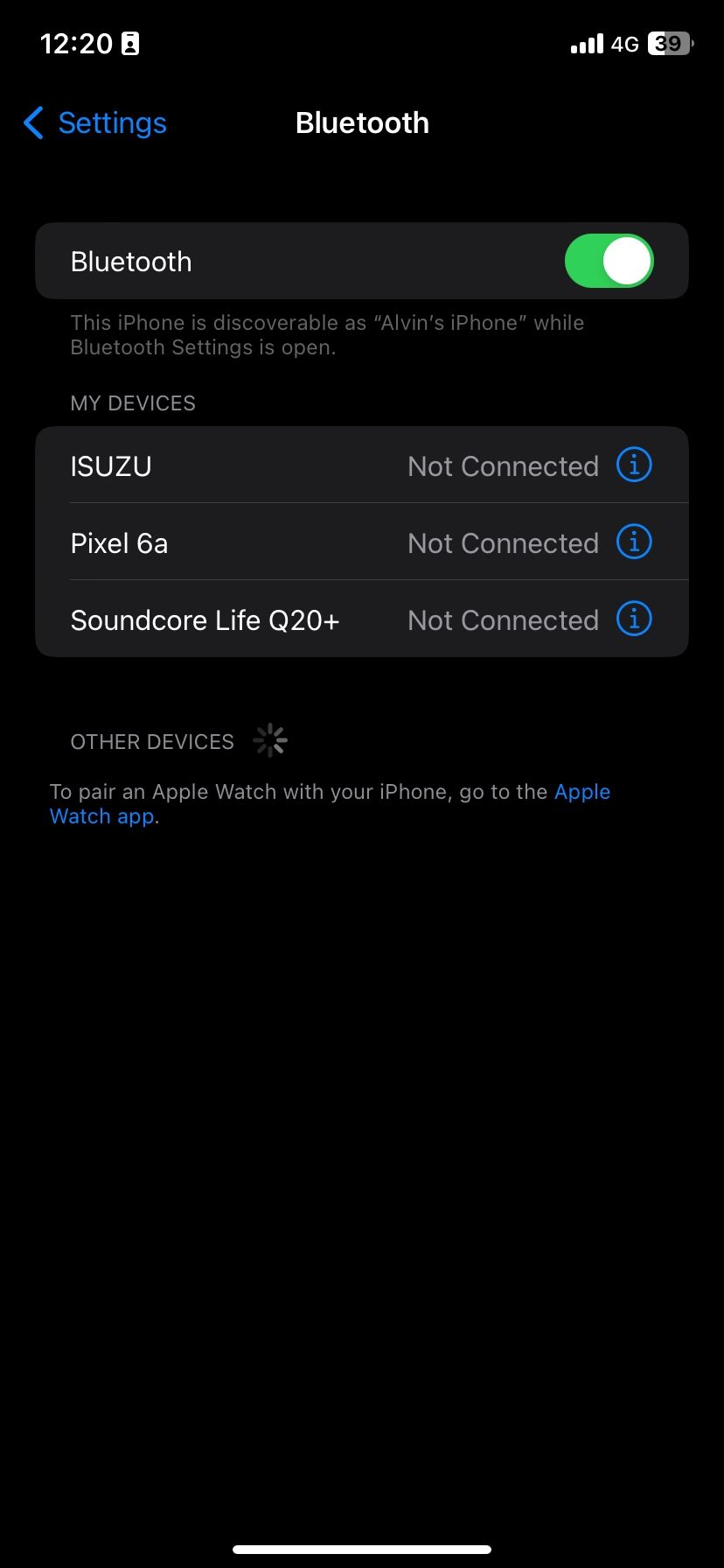 Экран Bluetooth настроек на iPhone