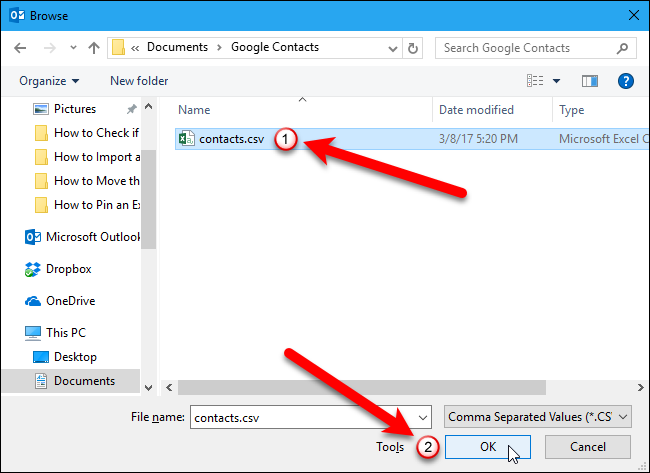 Выбор CSV-файла для импорта в Outlook
