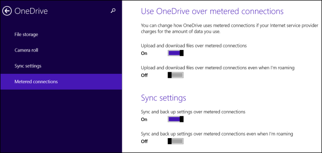 Параметры OneDrive для платных соединений