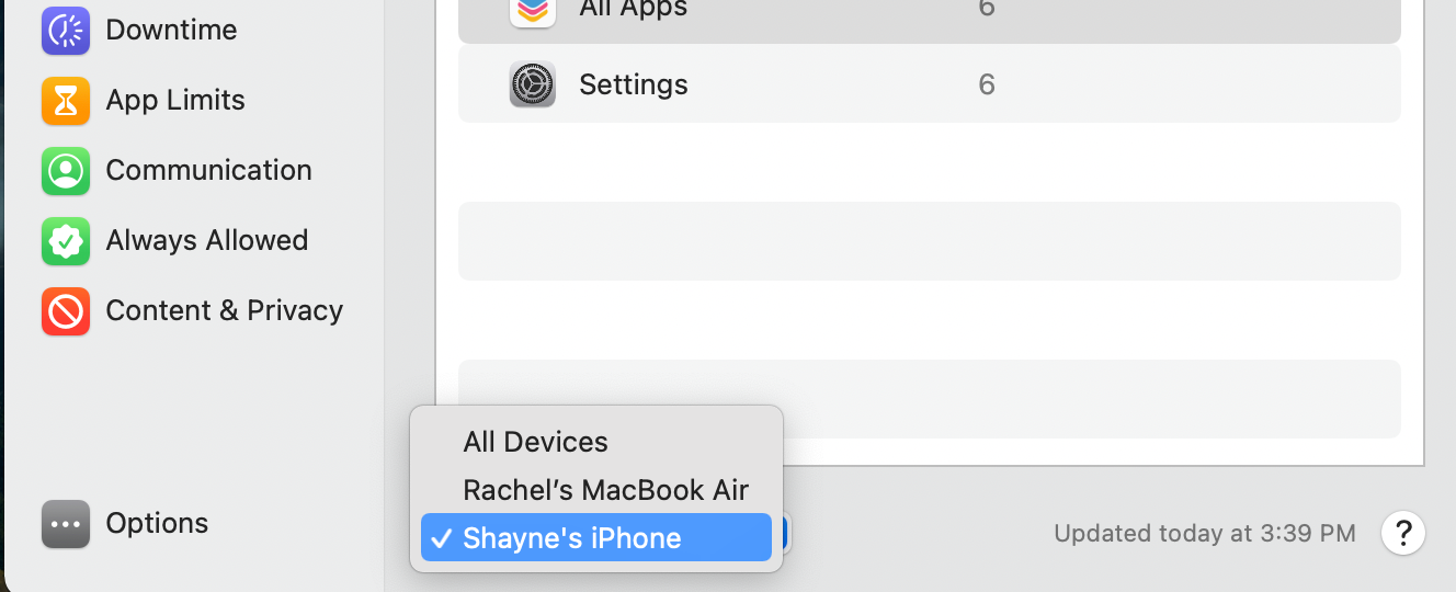 Selecting a Device in Screen Time