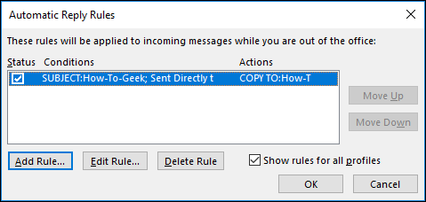 Список серверных правил в Outlook