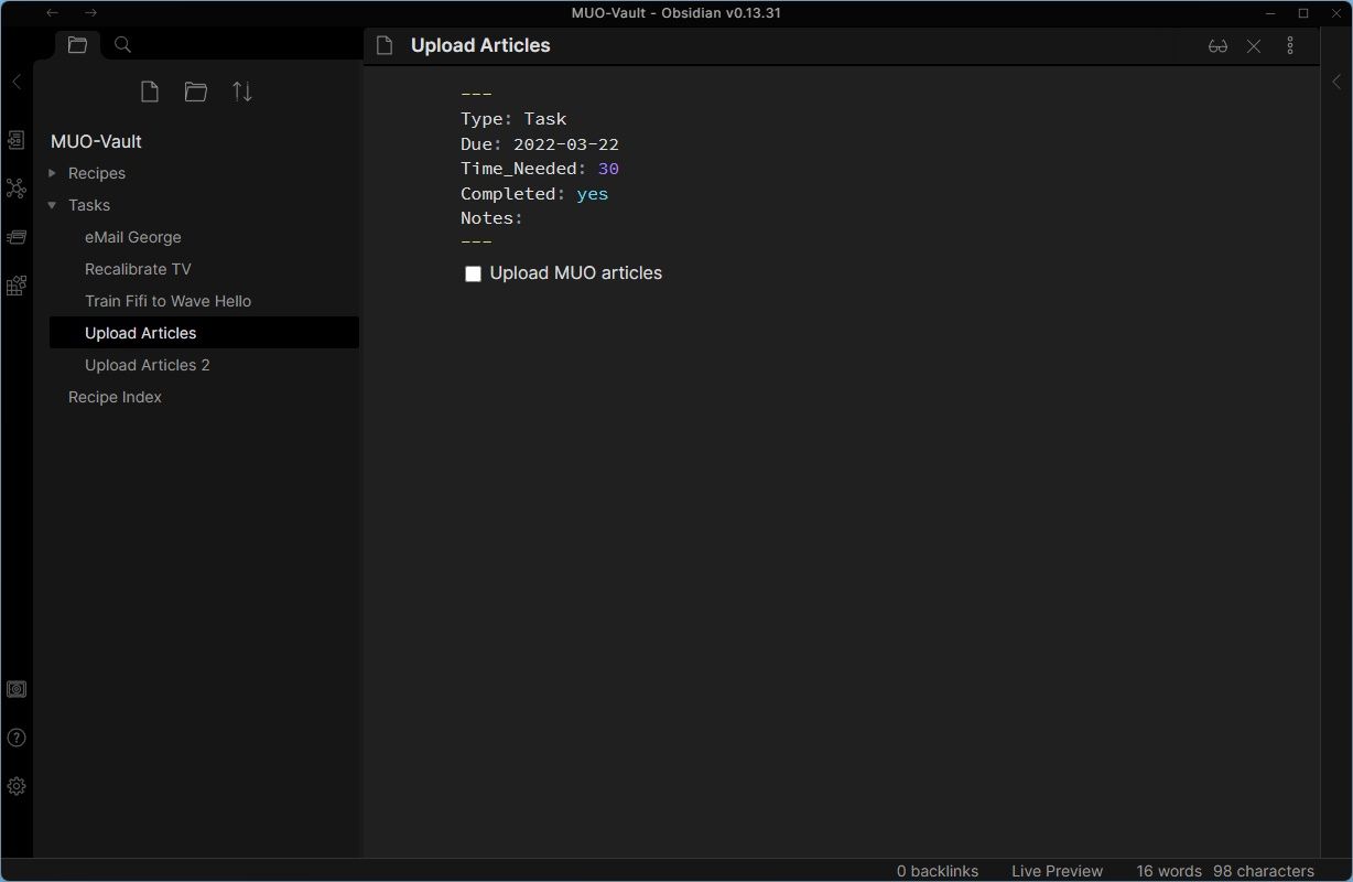 Пример записи задачи с метаданными: приоритет, время, дедлайн