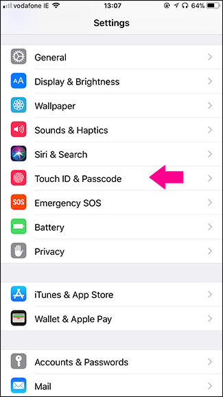 Экран настроек Touch ID и код-пароль на iPhone