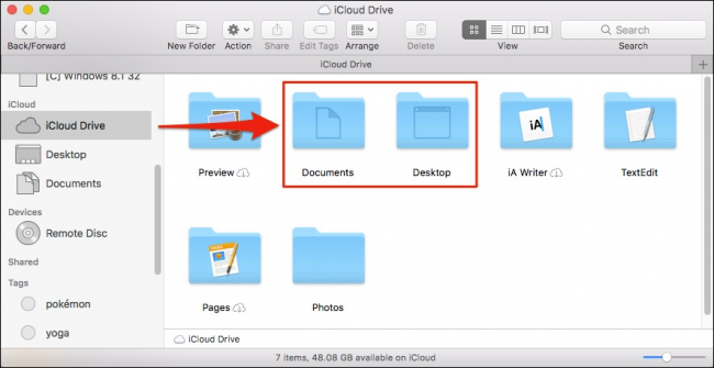 Папки Desktop и Documents в iCloud Drive в Finder