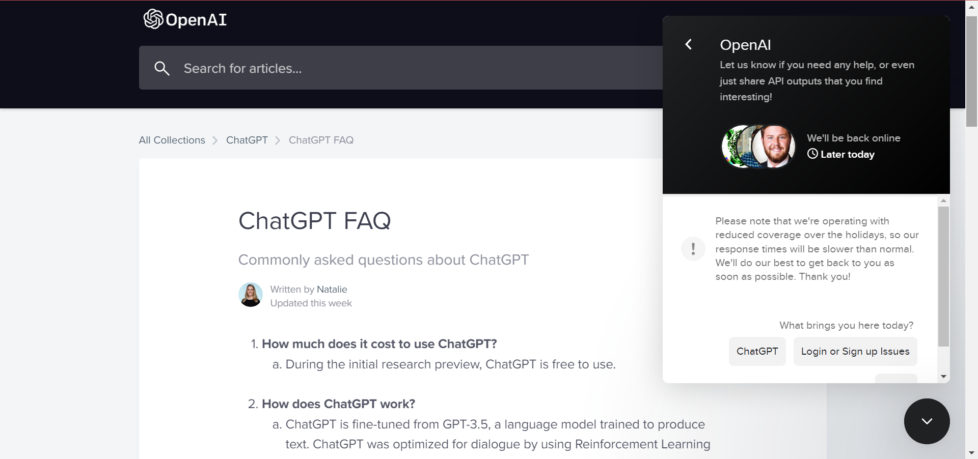 Страница поддержки ChatGPT