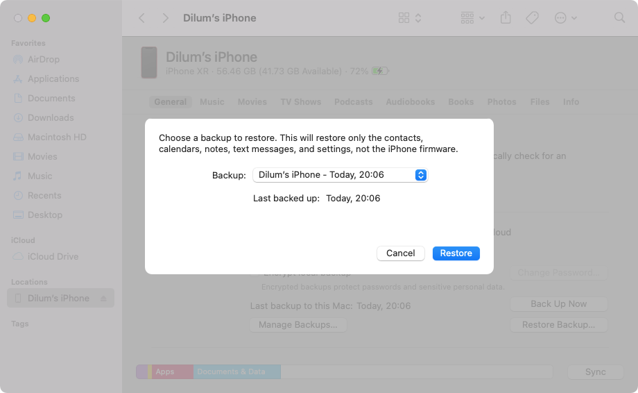 Выбор резервной копии на Mac для восстановления iPhone