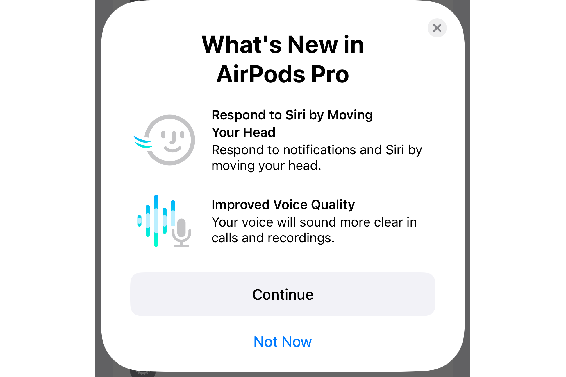 Карточка AirPods на iPhone со списком новых функций — изоляция голоса и ответы Siri жестами головы.