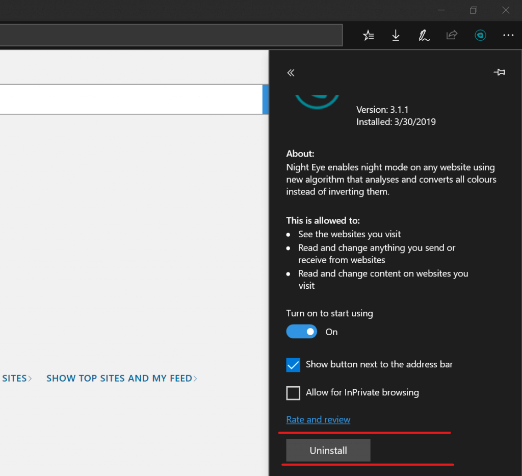 Удаление расширения Edge