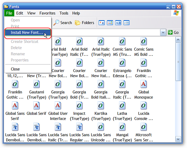 Окно установки нового шрифта в XP: выбор источника