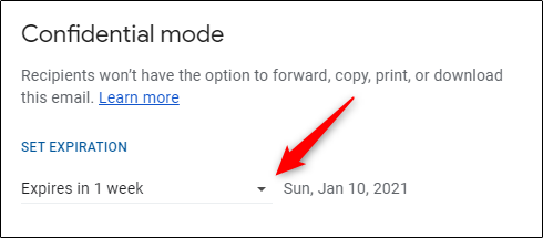 Группа опций для установки срока действия письма