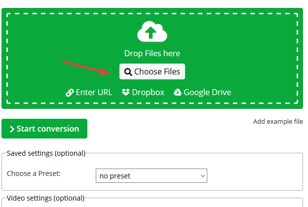 Интерфейс Online Convert: выбор WebM для загрузки