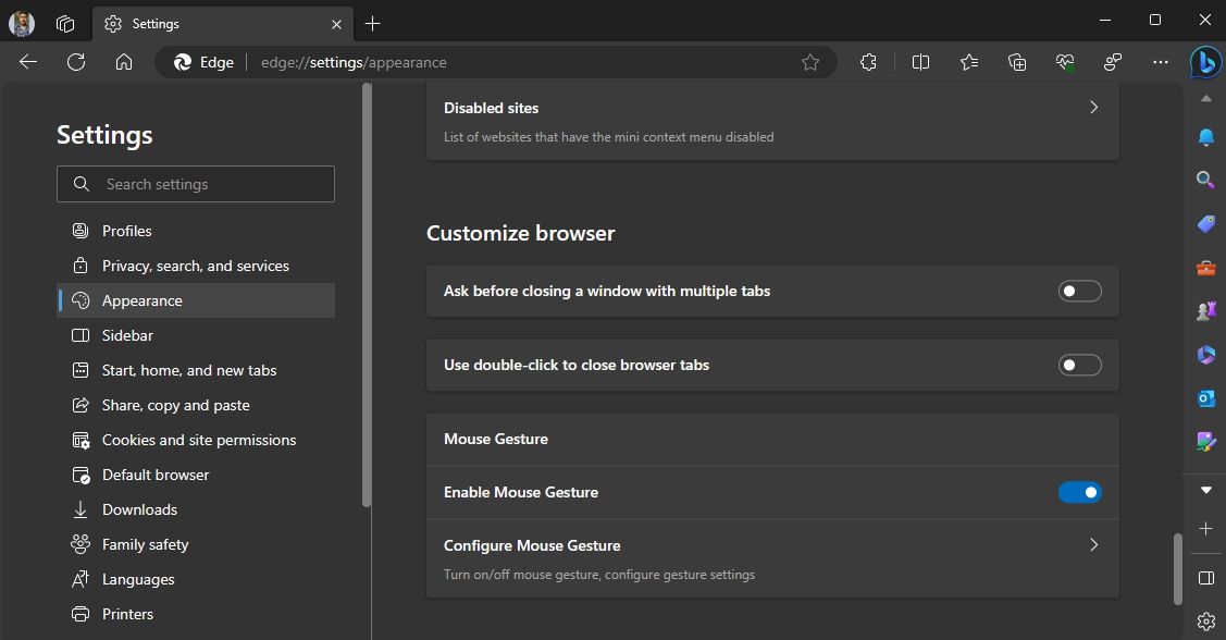 Опция Включить жесты мыши в Edge